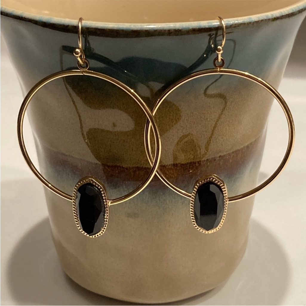 { Nwot } Gold Hoop Earrings With Black Stone Drop